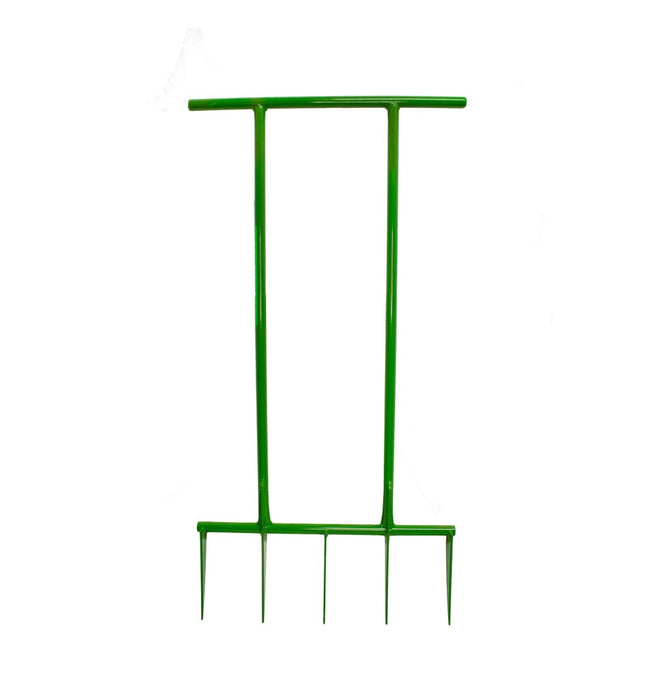 Green broadfork with 4 prongs for garden soil aeration and cultivation.