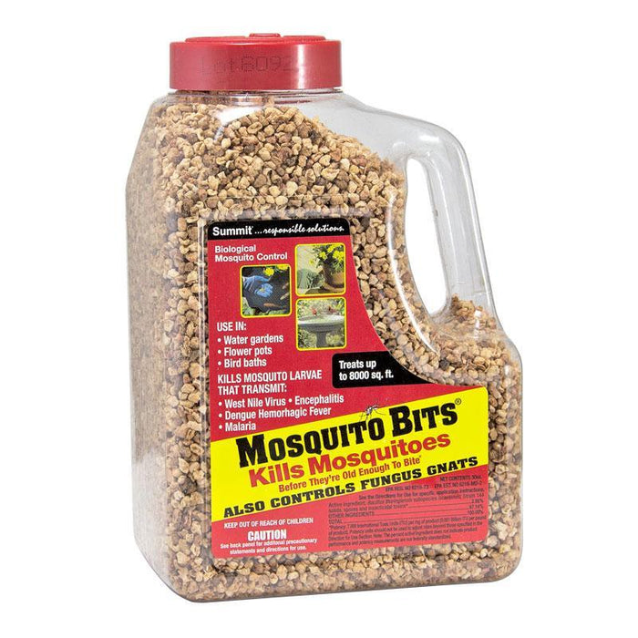 Summit Mosquito Bits granular biological larvicide controls mosquito larvae, fungus gnats, West Nile. For water gardens, pots.