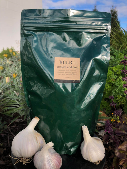 Green BULB+ protect and feed bulb fertilizer bag (2 lbs) with bone meal, rock phosphate, and three garlic bulbs in a garden.