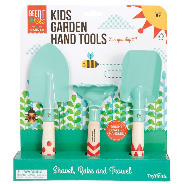 Beetle & Bee kids garden tool set: mint shovel, rake, trowel with graphic wooden handles. Ages 5+, Toysmith.