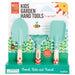 Beetle & Bee kids garden tool set: mint shovel, rake, trowel with graphic wooden handles. Ages 5+, Toysmith.