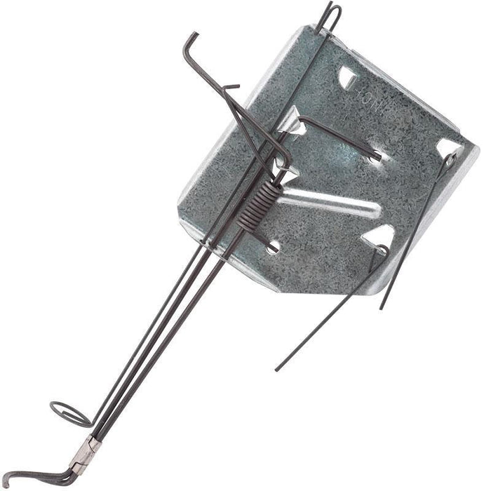 Steel bodygrip trap spring mechanism with base plate, used for animal control and wildlife trapping.