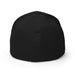 Plain black fitted baseball cap, back view. Blank hat with top button and ventilation eyelets. Customizable headwear.