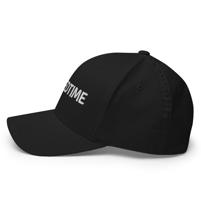 Black baseball cap with white embroidered "OTIME" text. Side view of a versatile, casual, custom headwear.