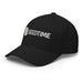 Black Seedtime embroidered baseball cap featuring white text and a green sprout logo. Stylish gardening apparel.