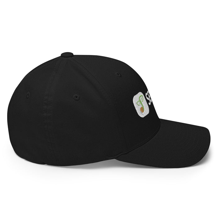 Black baseball cap with embroidered green sprout and seed logo. White 'SEED' text partially visible. Eco-friendly headwear.