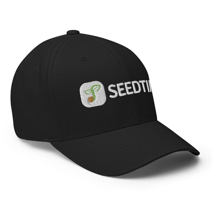 Black baseball cap with embroidered Seedtime logo featuring a green sprout and seed.