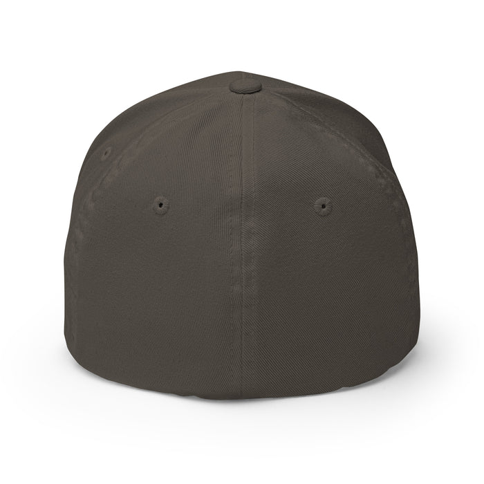 Blank charcoal fitted baseball cap, back view. Plain dark brown hat.
