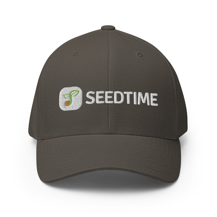 Dark brown baseball cap with embroidered Seedtime logo: a green seedling icon and white "SEEDTIME" text.