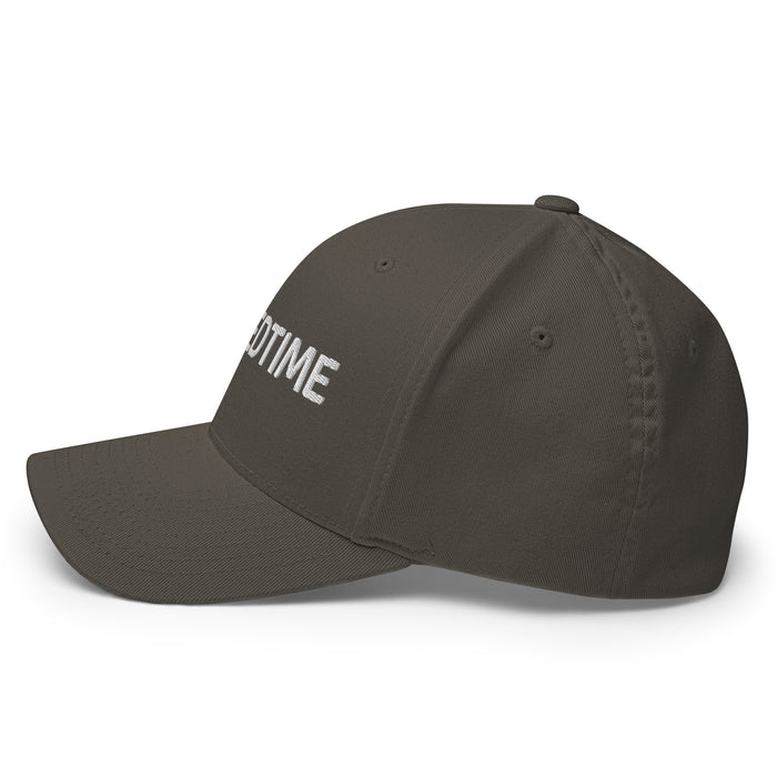 Dark grey baseball cap with white embroidered 'OTIME' text on front. Curved brim, durable fabric, side view.