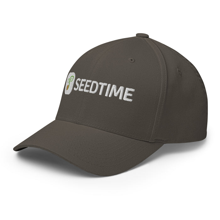 Dark grey baseball cap with embroidered white "SEEDTIME" logo and green sprout icon.