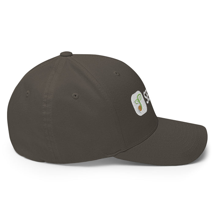 Charcoal baseball cap featuring white embroidered SEEDS logo with green seedling.