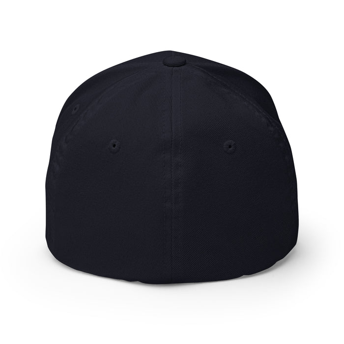 Blank dark navy blue fitted baseball cap, back view. Plain design with ventilation eyelets and top button.