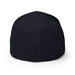 Blank dark navy blue fitted baseball cap, back view. Plain design with ventilation eyelets and top button.