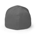 Dark gray blank baseball cap, back view. Plain charcoal fitted hat with ventilation eyelets.