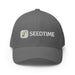 Grey Seedtime baseball cap with embroidered green sprout logo. SEO-friendly gardening apparel.