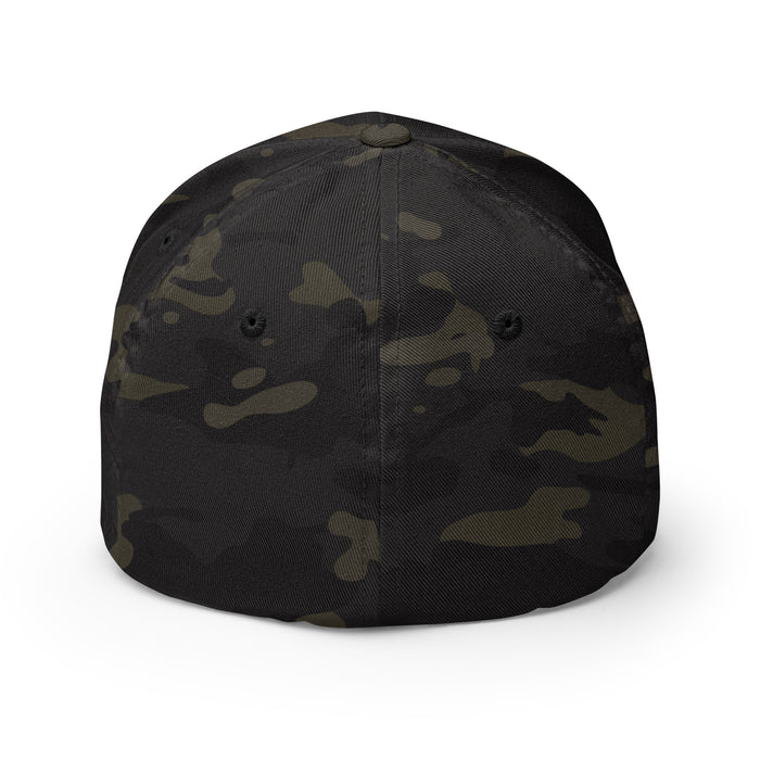 Dark camouflage baseball cap, back view. Black and olive green tactical hat with ventilation eyelets.