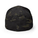 Dark camouflage baseball cap, back view. Black and olive green tactical hat with ventilation eyelets.