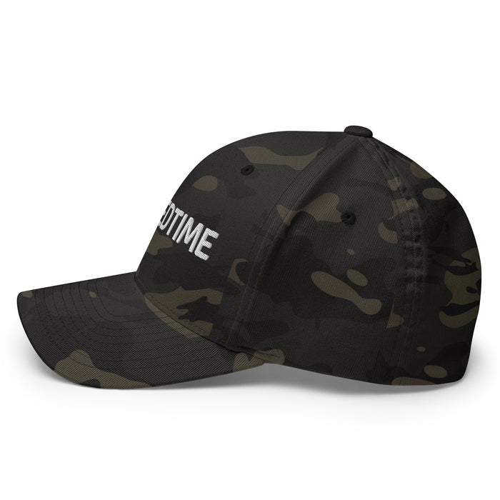 Dark camouflage baseball cap with white "GOTIME" embroidery. Tactical camo dad hat for men.