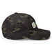 Dark camouflage baseball cap with white embroidered logo featuring a green sprouting seed. Stylish camo hat.