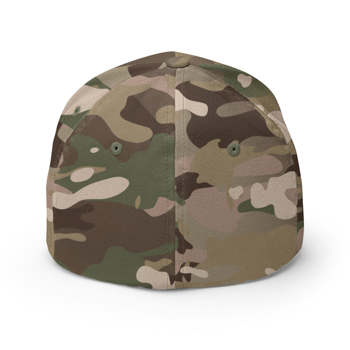 Multicam camouflage fitted cap, rear view. Green, brown, and tan camo pattern for tactical outdoor wear.