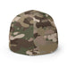 Multicam camouflage fitted cap, rear view. Green, brown, and tan camo pattern for tactical outdoor wear.