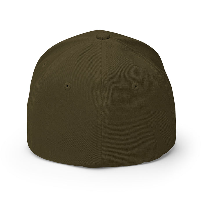 Blank army green baseball cap, back view. Plain fitted hat with vent eyelets and top button detail.