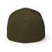 Blank army green baseball cap, back view. Plain fitted hat with vent eyelets and top button detail.