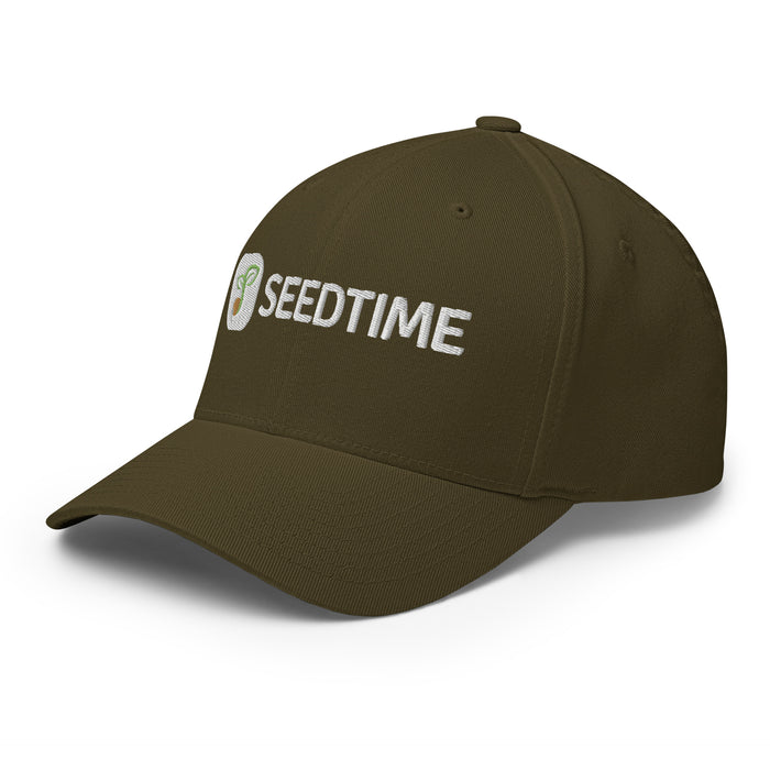 Olive green baseball cap with embroidered Seedtime logo and sprout design.