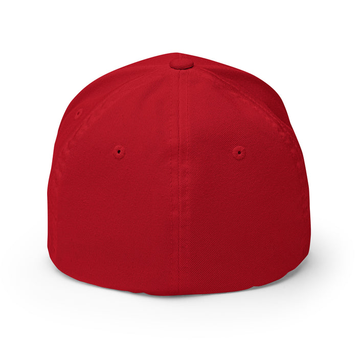 Red fitted baseball cap, back view. Blank design with ventilation eyelets and top button.