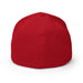 Red fitted baseball cap, back view. Blank design with ventilation eyelets and top button.