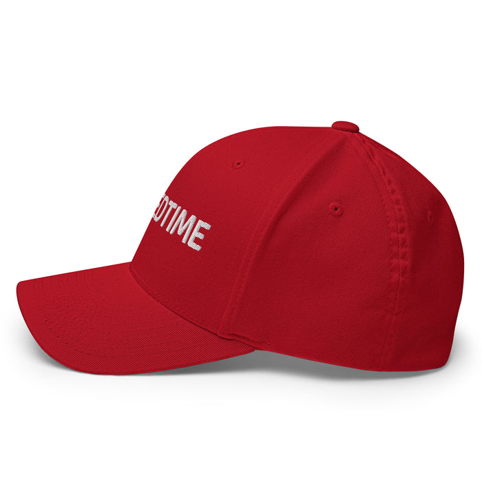 Bright red baseball cap with white embroidered "OTIME" text. Side profile of a classic, adjustable hat.