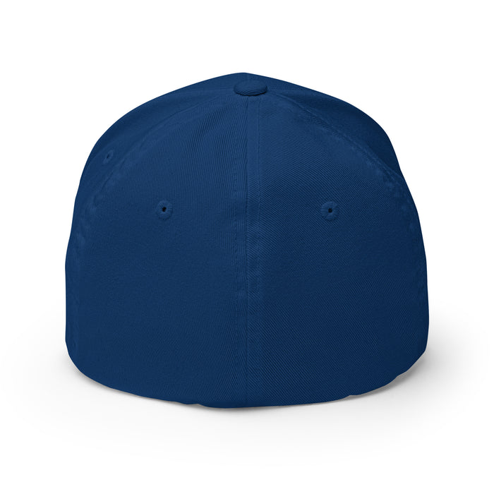 Dark navy blue blank fitted baseball cap, back view. Plain hat with ventilation eyelets.