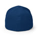 Dark navy blue blank fitted baseball cap, back view. Plain hat with ventilation eyelets.