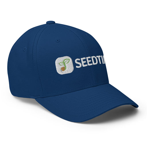 Embroidered navy blue baseball cap featuring Seedti logo with white text and green sprout icon.