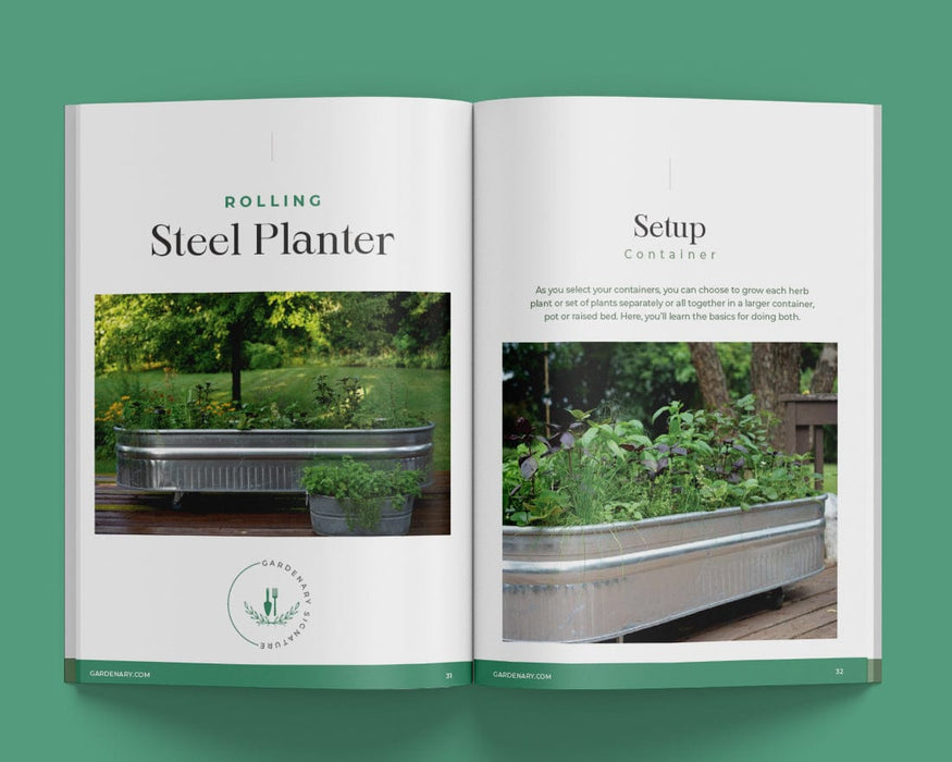 Magazine spread detailing a rolling galvanized steel planter used for an outdoor herb garden, with container setup instructions.