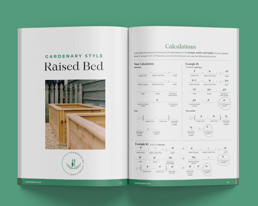 Gardenary magazine spread with raised garden bed building plans, wood calculations, and cedar box photo.