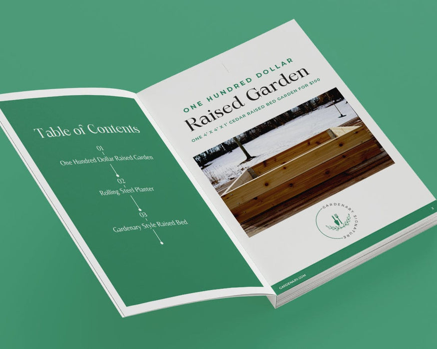 Open book: "One Hundred Dollar Raised Garden" DIY guide with cedar raised bed plans and table of contents.