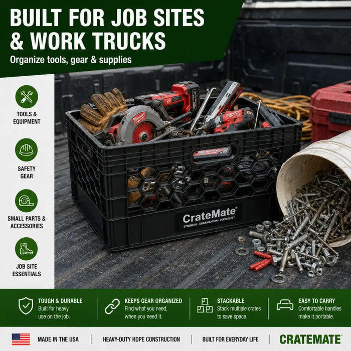 CrateMate Heavy-Duty 24QT 18.75" x 13" x 11" Black Milk Crate for Storage, Organization & DIY | Perfect for Home, Camping, Worksite, & More - USA Made, Stackable, Durable
