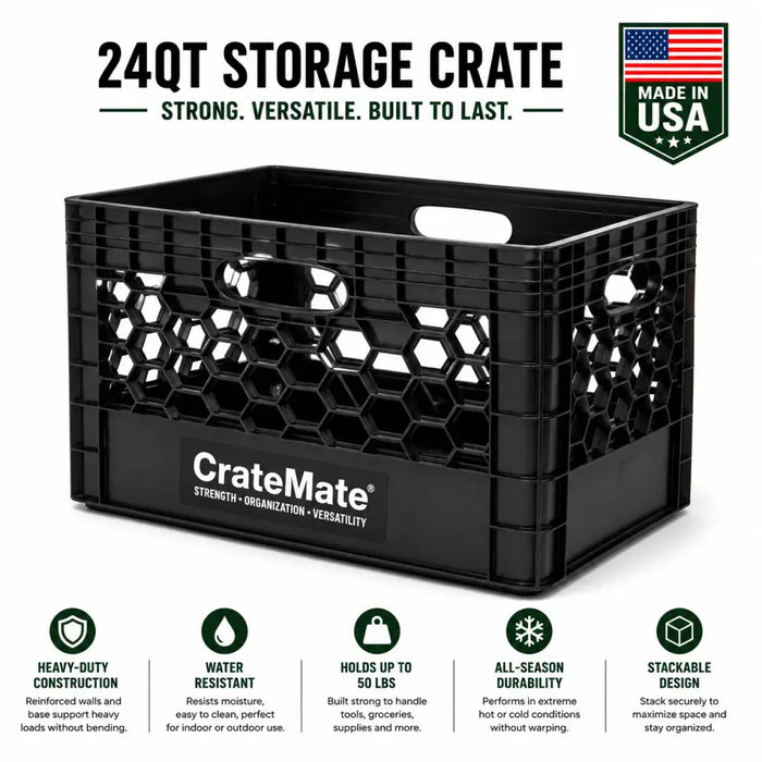 CrateMate Heavy-Duty 24QT 18.75" x 13" x 11" Black Milk Crate for Storage, Organization & DIY | Perfect for Home, Camping, Worksite, & More - USA Made, Stackable, Durable
