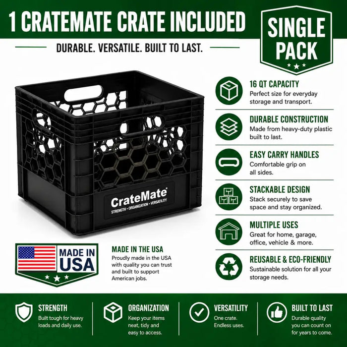 CrateMate Heavy-Duty 16QT 11"x11"x13" Black Milk Crates for Storage, Organization & DIY | Perfect for Home, Camping, Worksite, & More - USA Made, Stackable, Durable