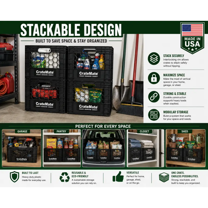 CrateMate Heavy-Duty 16QT 11"x11"x13" Black Milk Crates for Storage, Organization & DIY | Perfect for Home, Camping, Worksite, & More - USA Made, Stackable, Durable