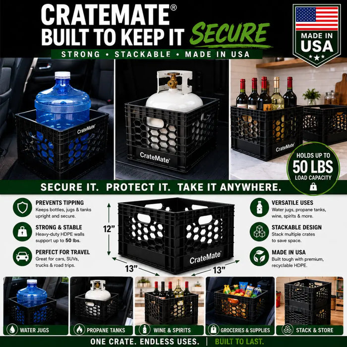 CrateMate Heavy-Duty 16QT 11"x11"x13" Black Milk Crates for Storage, Organization & DIY | Perfect for Home, Camping, Worksite, & More - USA Made, Stackable, Durable