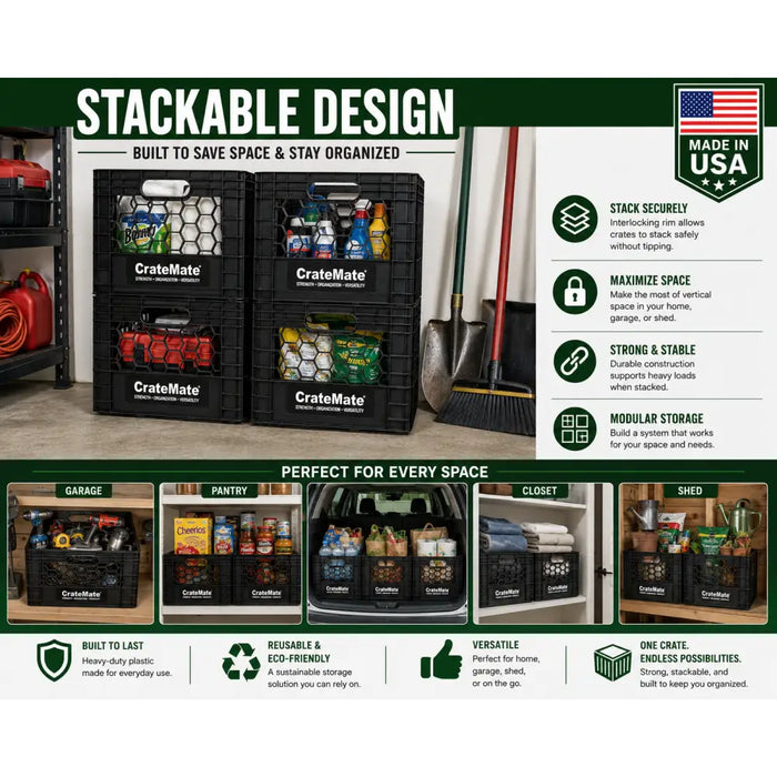 CrateMate Heavy-Duty 16QT 11"x11"x13" Black Milk Crates for Storage, Organization & DIY | Perfect for Home, Camping, Worksite, & More - USA Made, Stackable, Durable