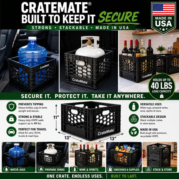 CrateMate Heavy-Duty 16QT 11"x11"x13" Black Milk Crates for Storage, Organization & DIY | Perfect for Home, Camping, Worksite, & More - USA Made, Stackable, Durable