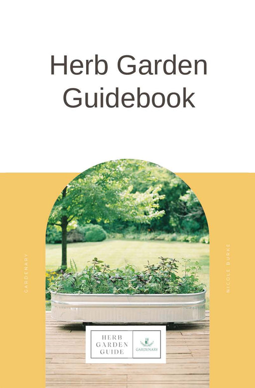 Herb Garden Guidebook cover. Raised stock tank planter with fresh herbs on a wooden deck. Gardenary, Nicole Burke.