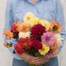 Hands holding a vibrant dahlia bouquet with red, orange, yellow, pink, white, and burgundy blooms.