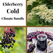 Elderberry Cold Climate Bundle featuring elderflowers, ripe elderberries, and elderberry syrup.