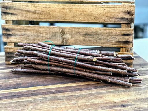 Bundled bare wood branches tied with green string on a rustic wooden table. Great for crafts, plant propagation, or kindling.