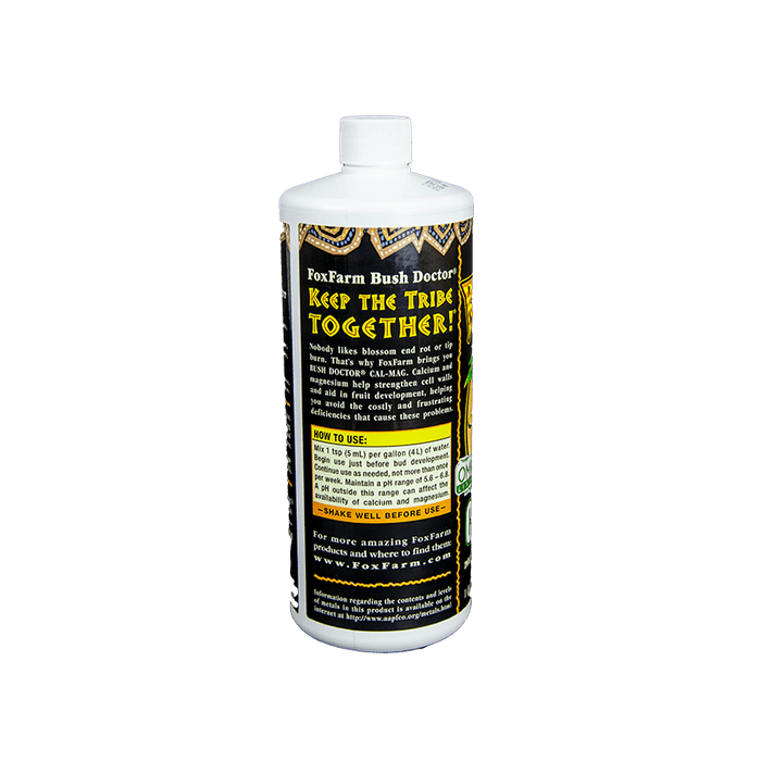 FoxFarm Bush Doctor CAL-MAG plant nutrient, "Keep The Tribe Together!" on white bottle with black/gold label. Enhances plant health.